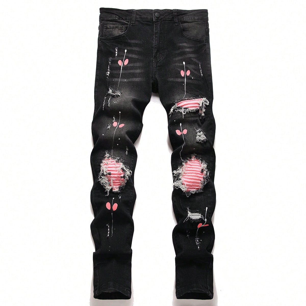 Embroidery On Jeans - جينز رجالي ممزق عالي المرونة، بنطلون